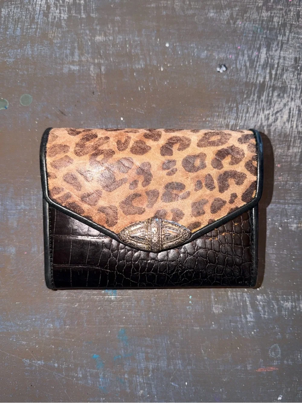 Vintage Brighton Leopard Print and Black Croc Envelope Wallet